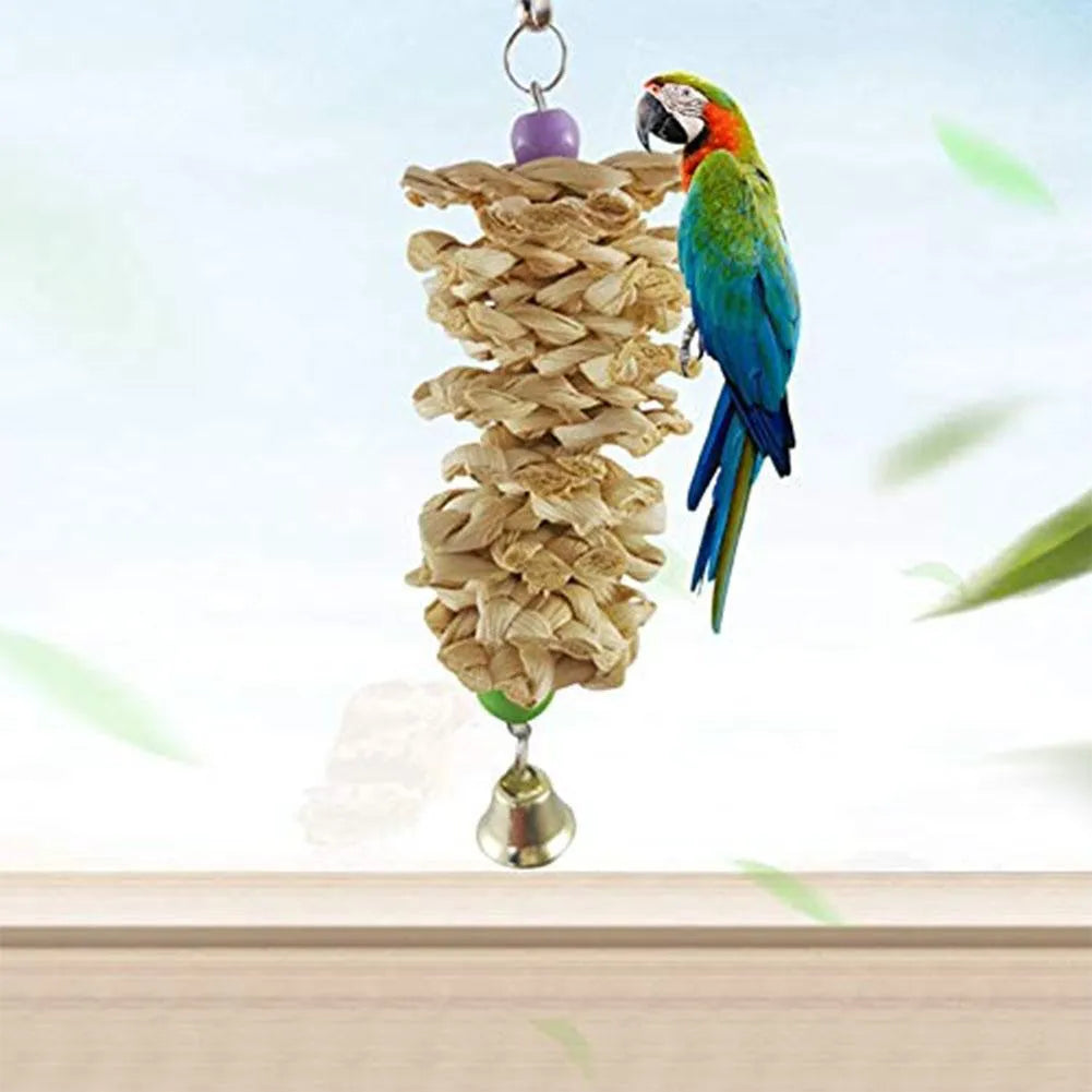 Natural grass parrot toy with bell, hanging from cage with hook, brown, 18-20 cm length
