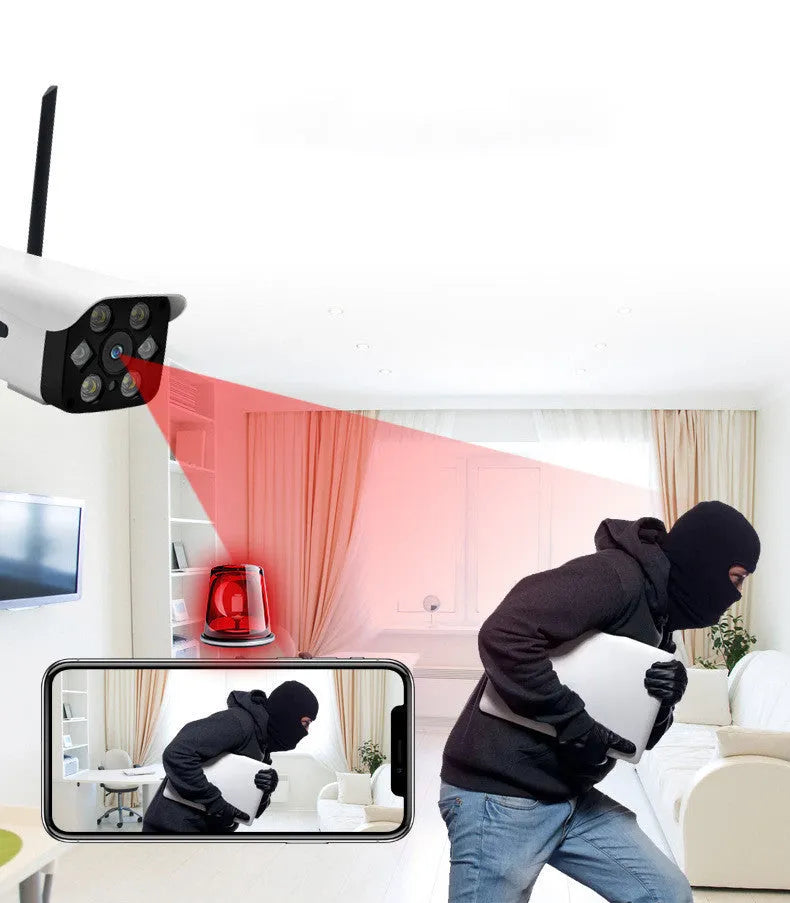White outdoor smart security camera with a 3.6mm lens and infrared LEDs for night vision.
