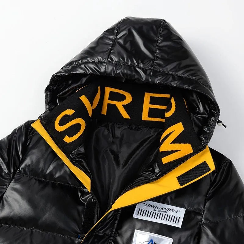 Men's black padded jacket with zip front and zippered pockets on solid background