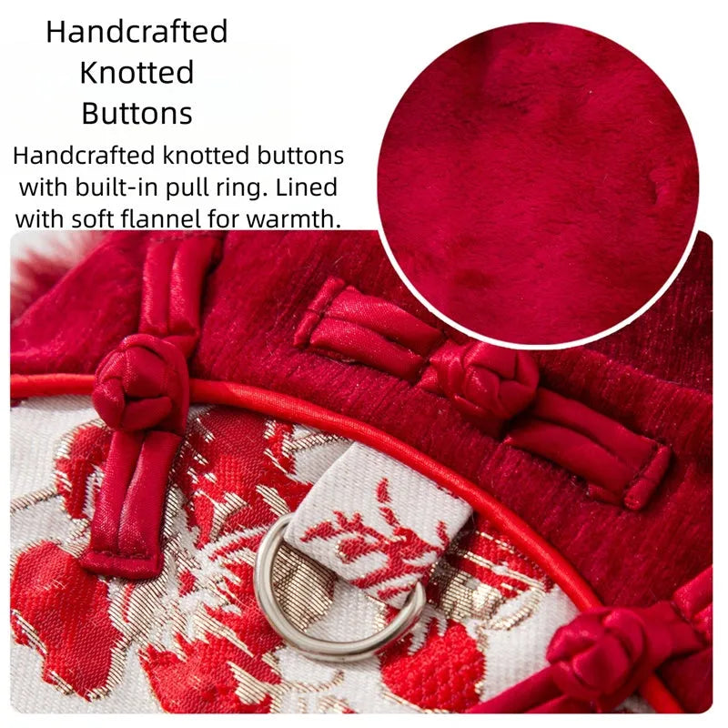 Chinese-style pet Tang Suit jacket in red with stand-up collar and fluffy trim on small dog