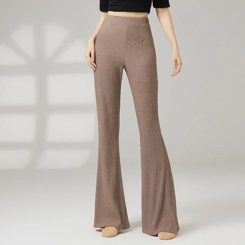 Women's solid colour classical dance practice pants in polyester, shown in beige apricot.
