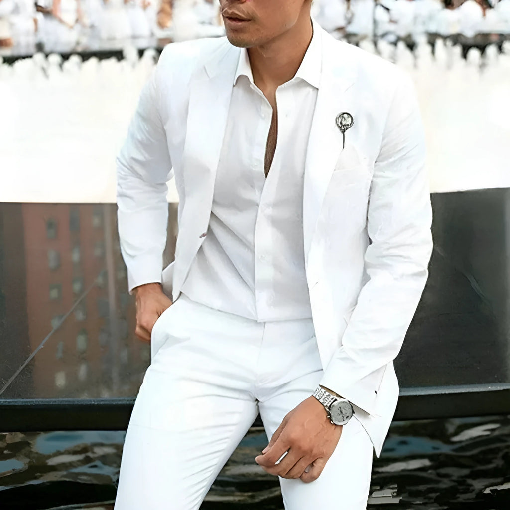 Men's white slim fit two-piece wedding suit with light business styling