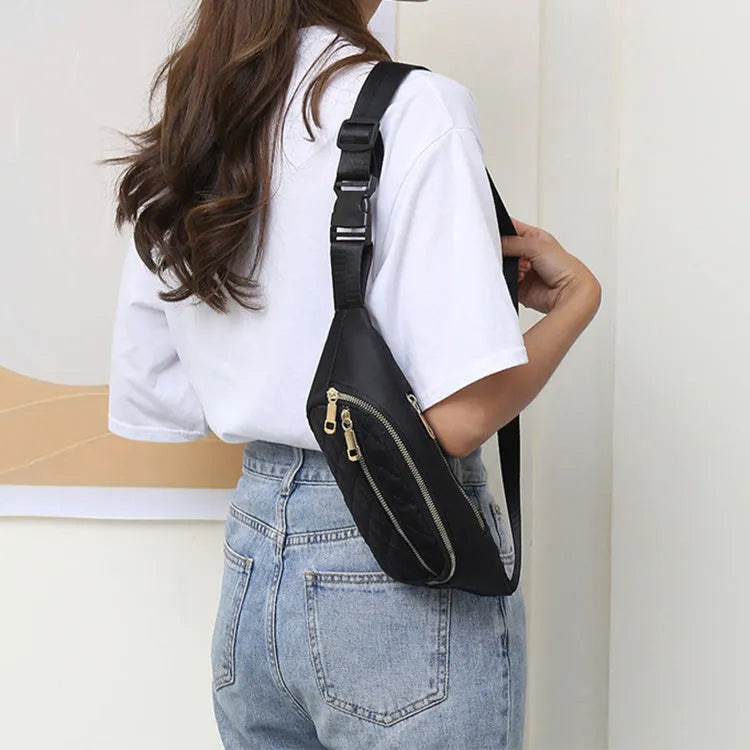Rhombus nylon fanny pack for women, crossbody waist bag with zipper closure in solid colour, medium size, soft handle.