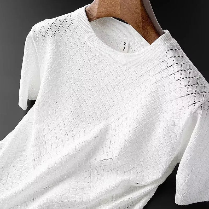 Men's ice silk cut-out V-neck T-shirt in Korean style with short sleeves for summer leisure wear