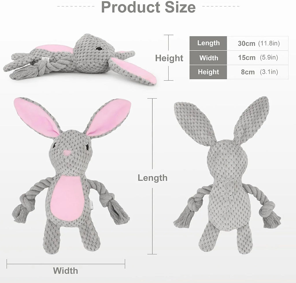 Plush animal dog toy with crinkle paper, squeaker, and cotton rope handles for small dogs.