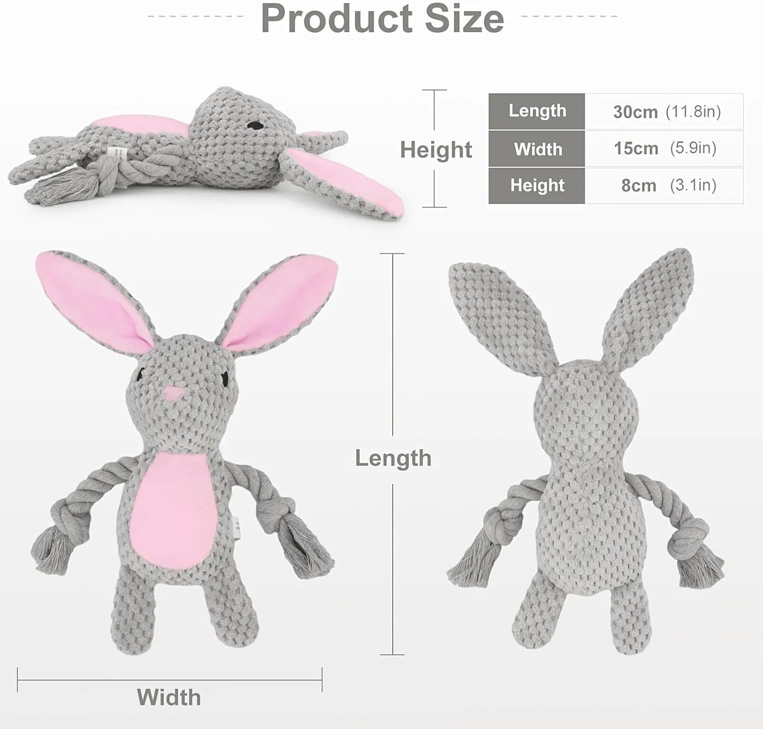 Plush animal dog toy with crinkle paper, squeaker, and cotton rope handles for small dogs.