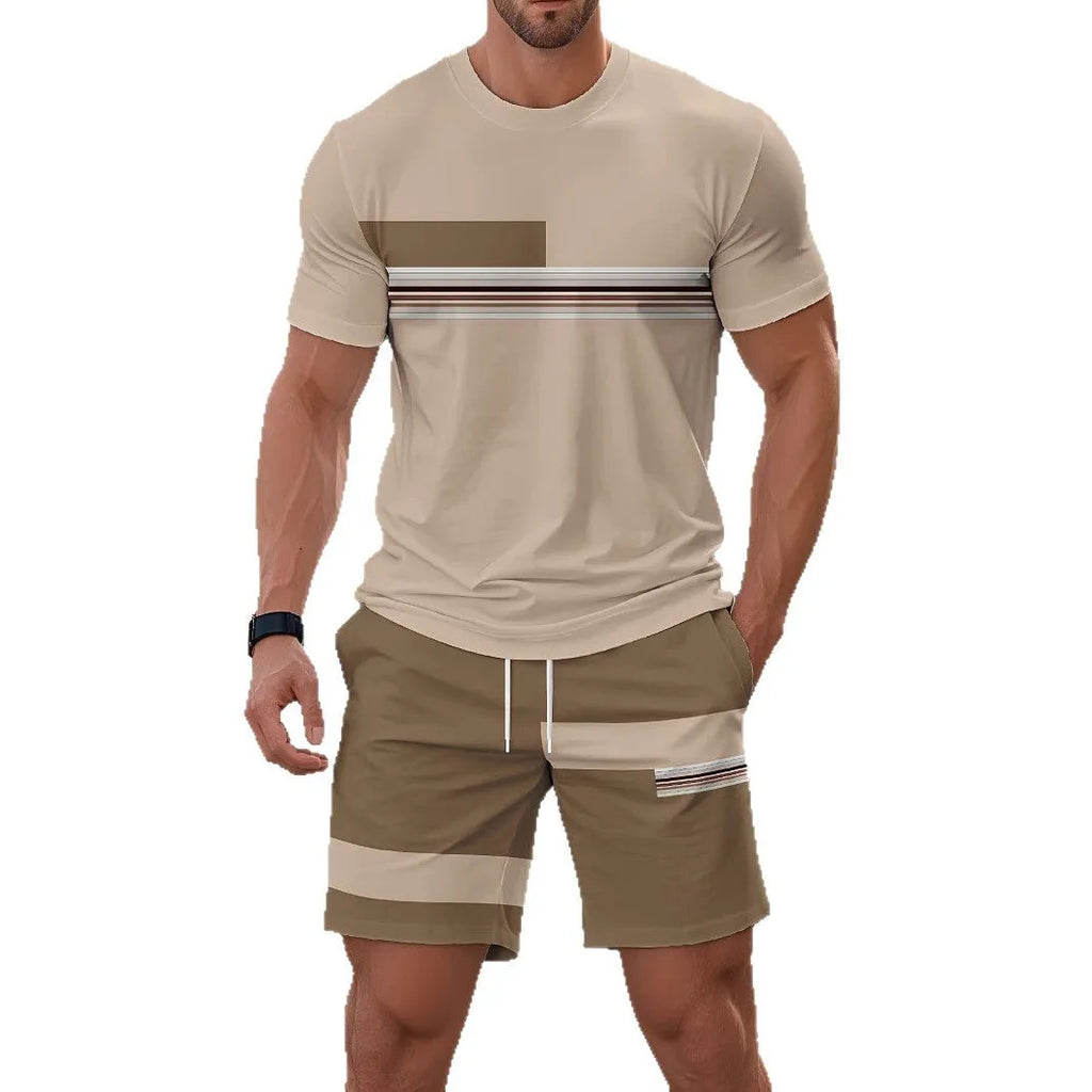 Men's casual shorts set with cartoon pattern in white, featuring short-sleeved shirt and matching shorts