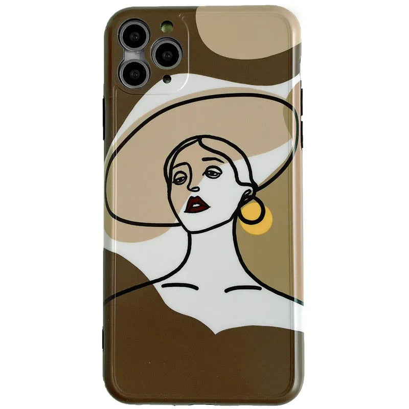 Orange yellow cartoon line art silicone protective case for iPhone on a phone.