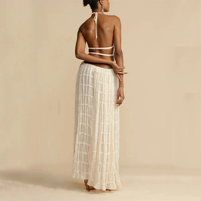 Sleeveless backless cropped halter top and pleated maxi dress set in various colors