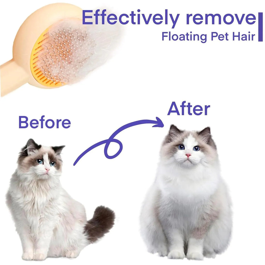 Blue and yellow pet grooming brush with self-cleaning button and angled metal needles