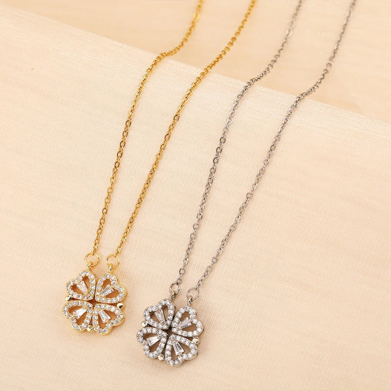 Captivating four-leaf clover necklace made of premium titanium steel with a diamond inlay design, offering a non-fading shine and timeless elegance