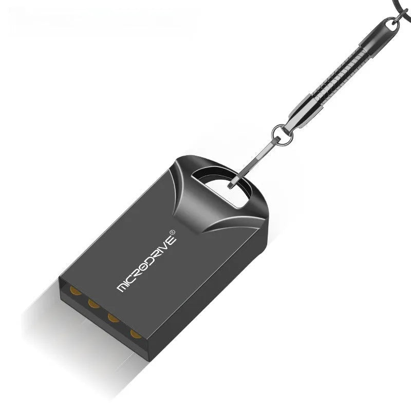Compact black and silver metal USB flash drive on a white background, showing mini size.