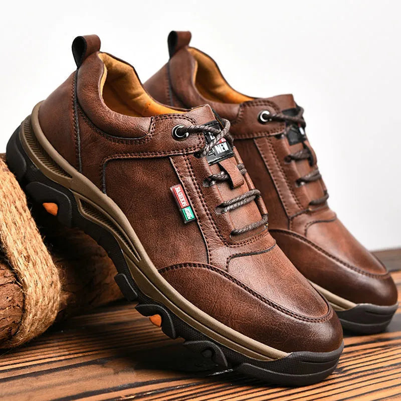 Men's British style round toe leather shoes in black or brown with rubber sole, leather stitching, and front lace-up