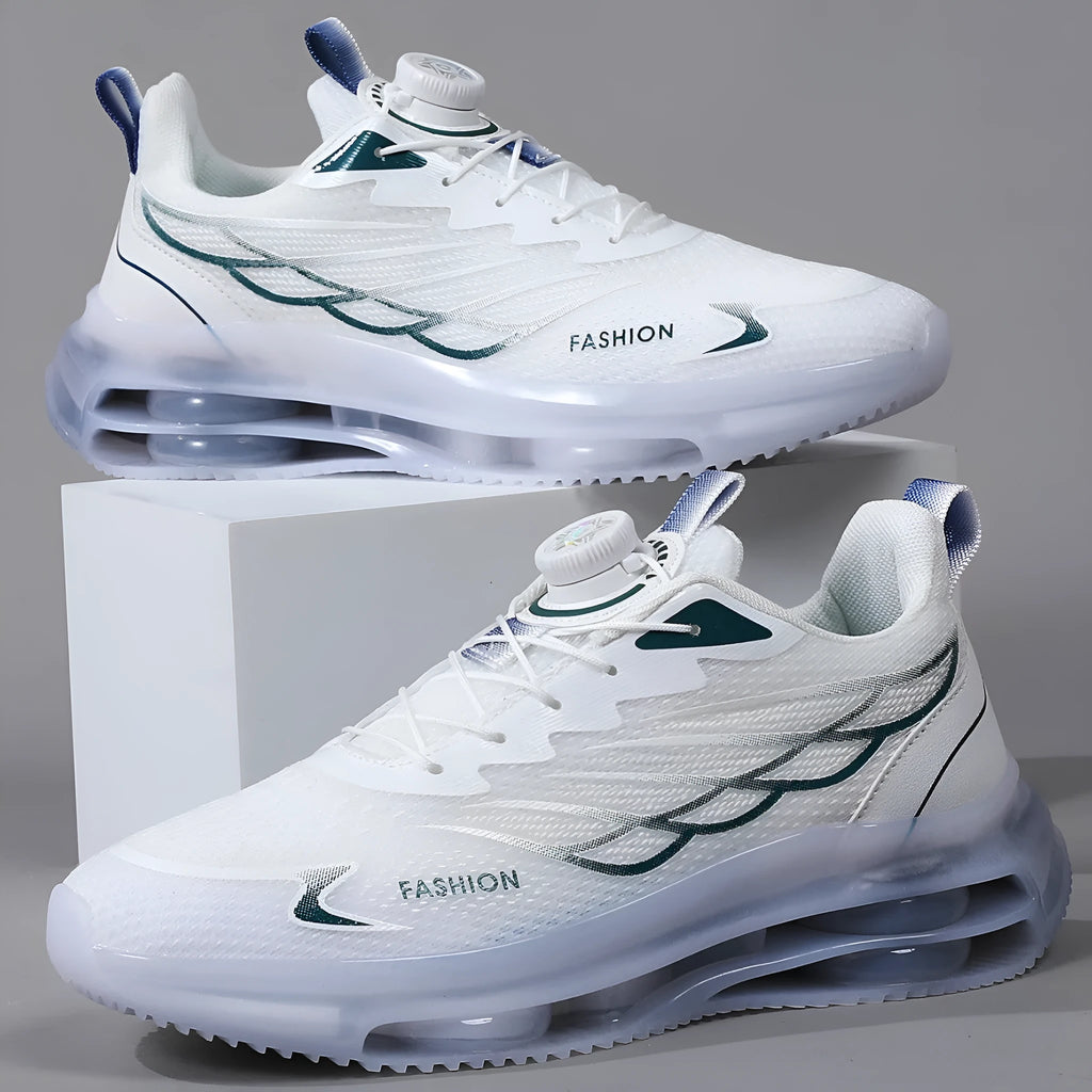 Men's white Korean style mesh casual sneakers with rotating button lace-up and rubber sole.
