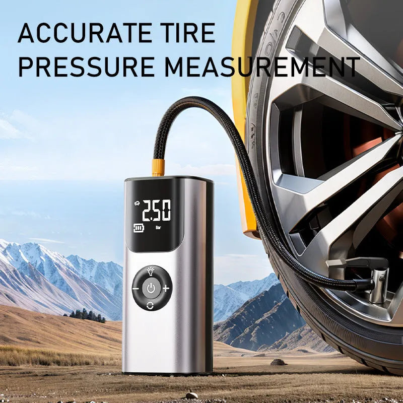 80W portable tire inflator with pressure gauge, warning light and USB charging in black or silver white ABS housing