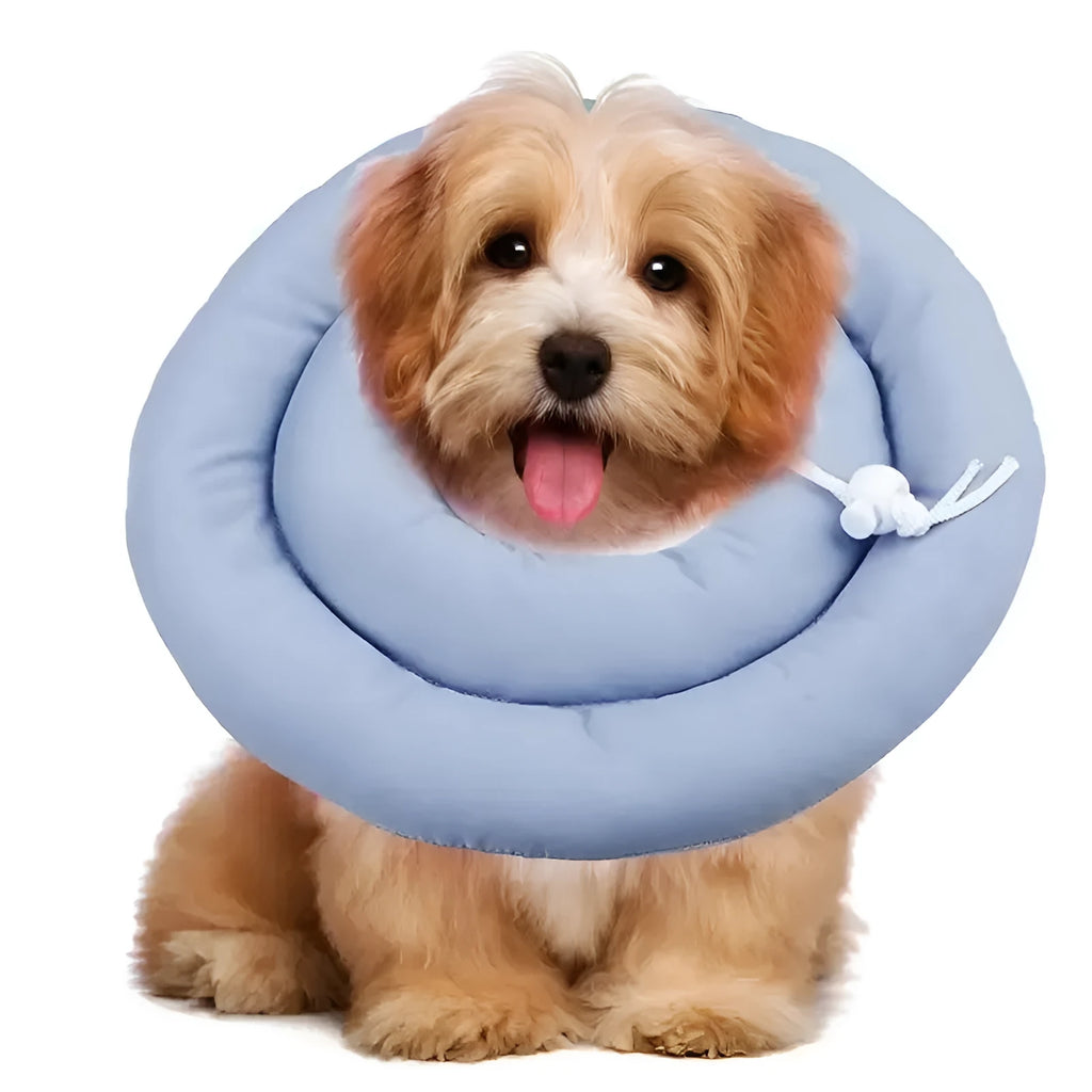 Blue adjustable Elizabethan recovery collar for a dog or cat on a white background
