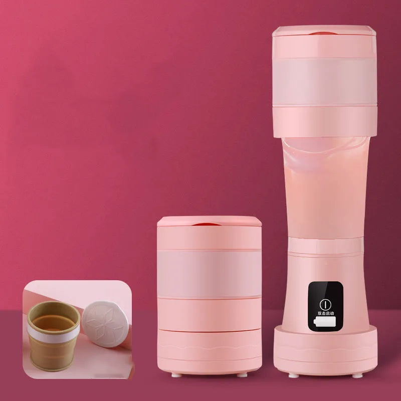 Blue portable personal blender with 450ml cup, shown extended and folded, with USB charging cable
