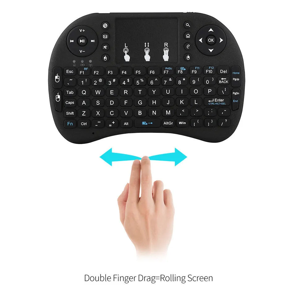 Black wireless mini keyboard with touchpad, dual mouse buttons and QWERTY keys, palm-sized 2.4G air keyboard and mouse