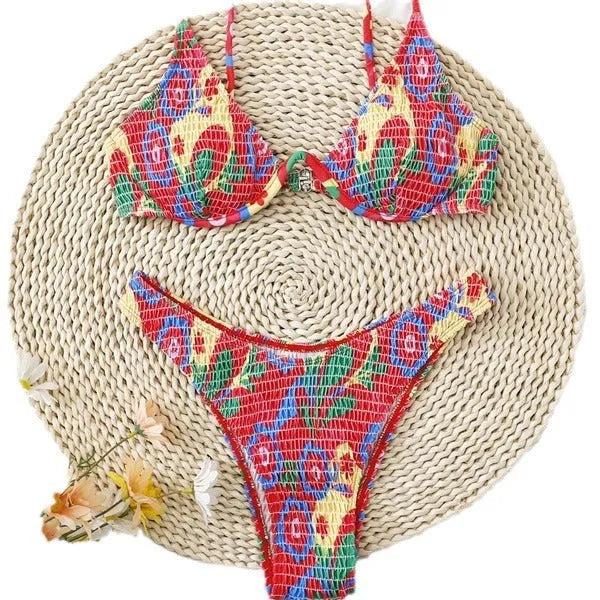 Red floral print women's underwire triangle bikini top and briefs set