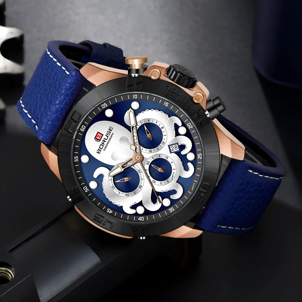 Octopus men's waterproof luminous quartz watch with 13mm thick case in blue and black colour options