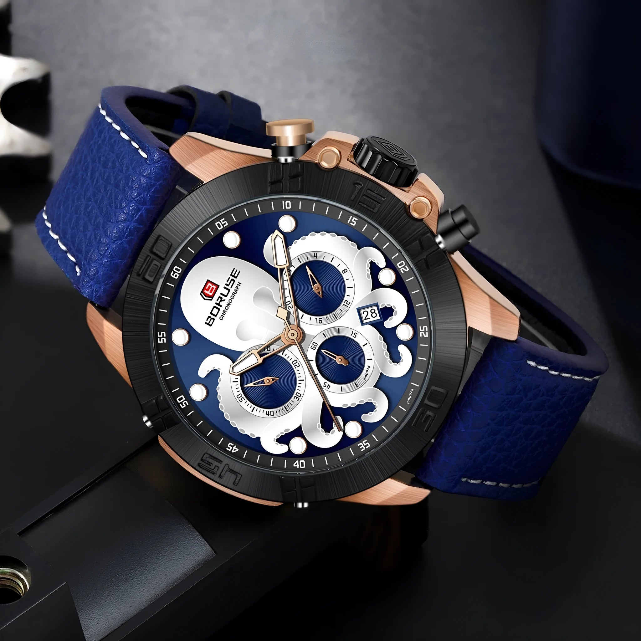 Octopus men's waterproof luminous quartz watch with 13mm thick case in blue and black colour options
