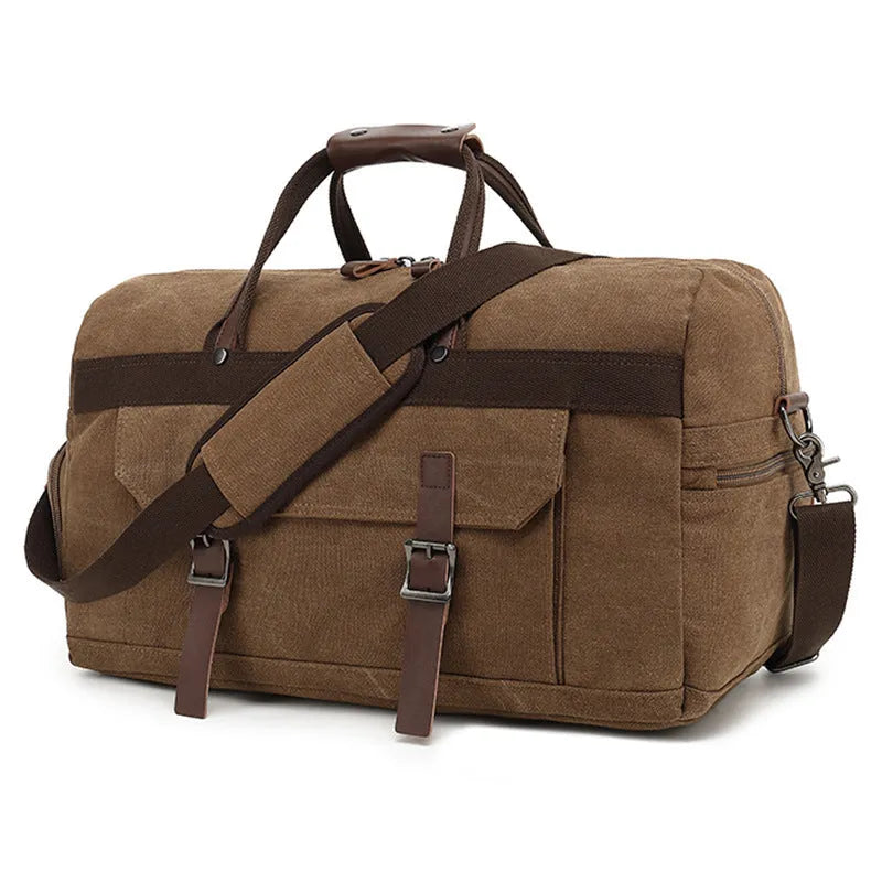 Large capacity canvas crossbody travel bag in retro style with sewing line detailing