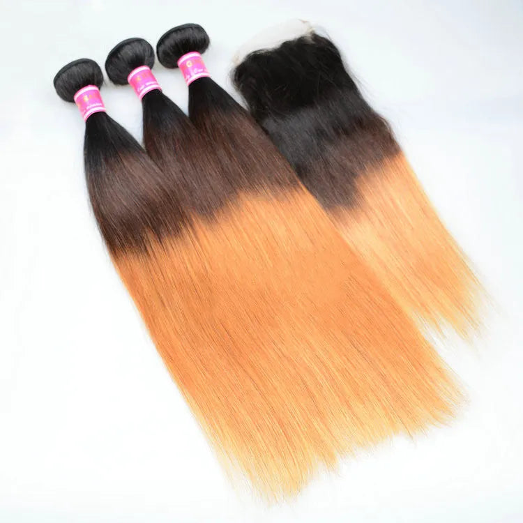Straight hand woven human hair wig for ladies in Indian ombre three tone, medium length, 10 to 26 inch