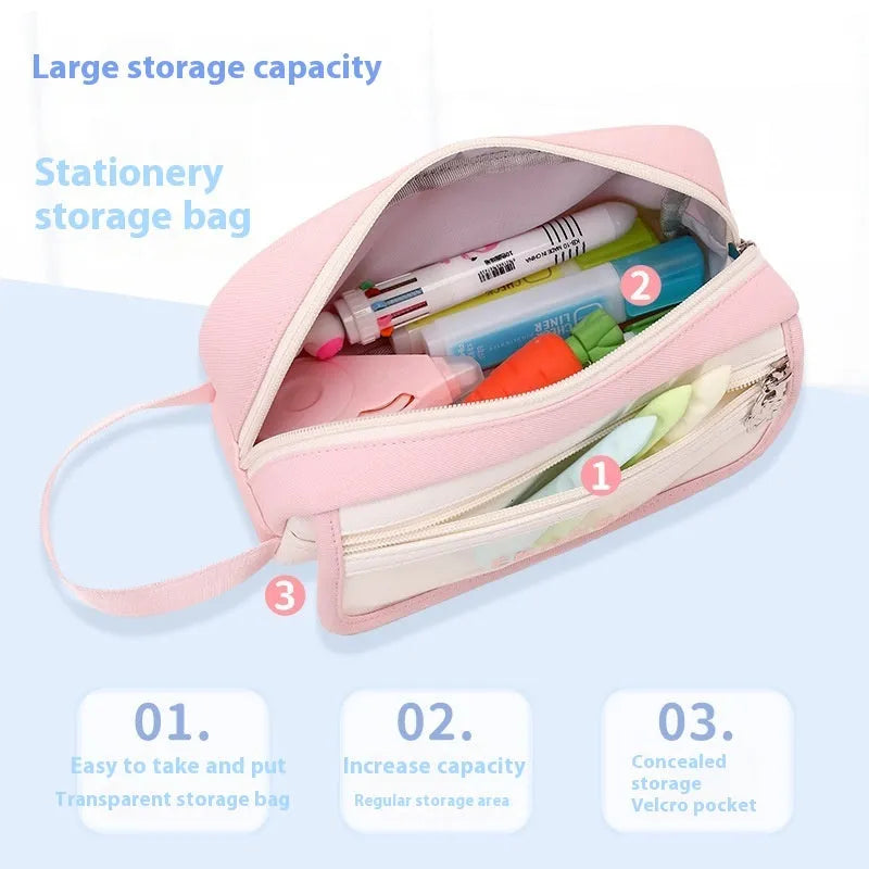 Large capacity Oxford stationery bag in Korean style, available in pink, blue, fruit green, purple, red and black.