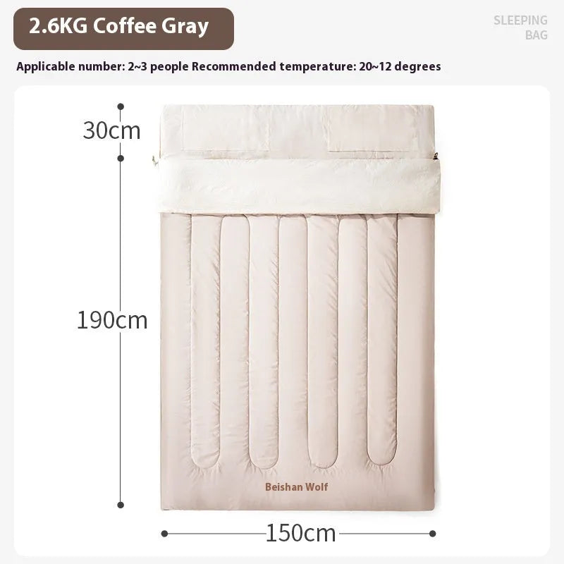 Double sleeping bag in coffee gray with 210T polyester shell and washed cotton lining, 2.6kg or 3.2kg