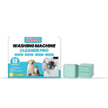 Pack of twelve white washing machine cleaning tablets or sheets on a blue background.