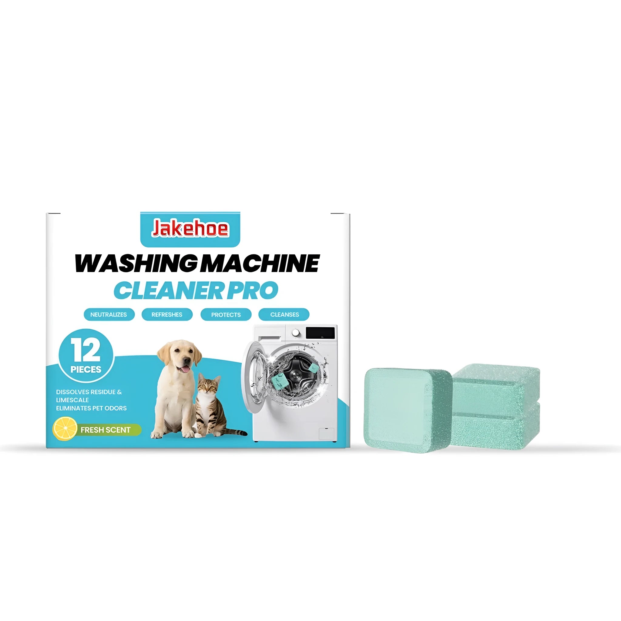 Pack of twelve white washing machine cleaning tablets or sheets on a blue background.