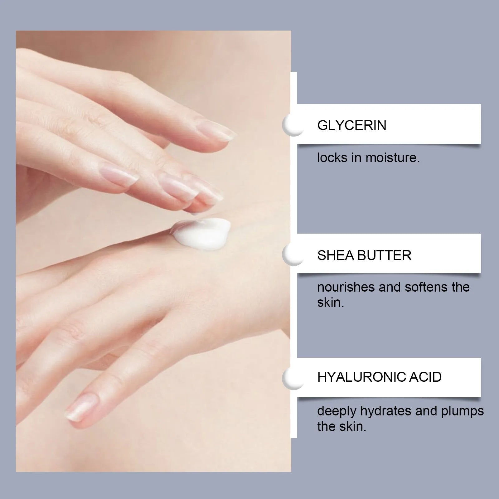 30g tube of moisturising hand cream with hyaluronic acid and shea butter.