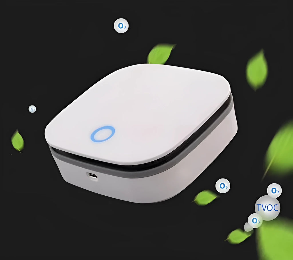 White portable air purifier with USB cable for car and small room use