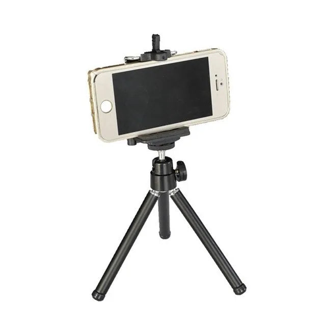 Mini desktop tripod with extendable aluminium legs and U-shaped phone clip for cameras and mobile devices