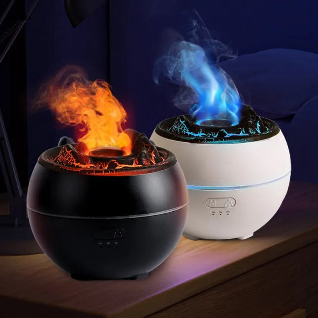 White round desk aromatherapy humidifier and essential oil diffuser with water tank on a wooden table.