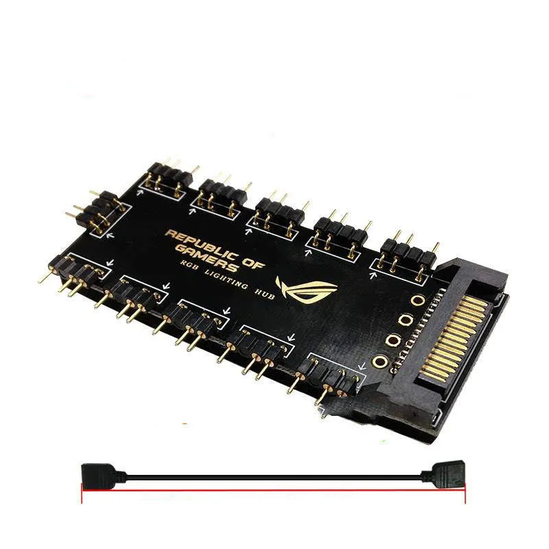 Black AURA RGB One Point Ten hub with SATA power cable and 10 output ports for PC lighting control.