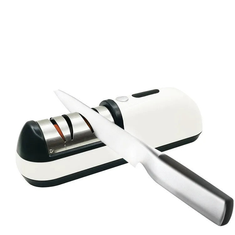 Rechargeable electric knife sharpener with ABS stainless steel body, USB charging port, compact size 20x6.3x7cm, black colour