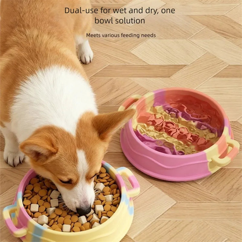 Colourful silicone slow food bowl with double-ear handles and maze interior for dogs and cats