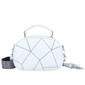 Round grey PU leather patchwork small bag with decorative stitching, shown next to a tape measure indicating 20x15 cm size.