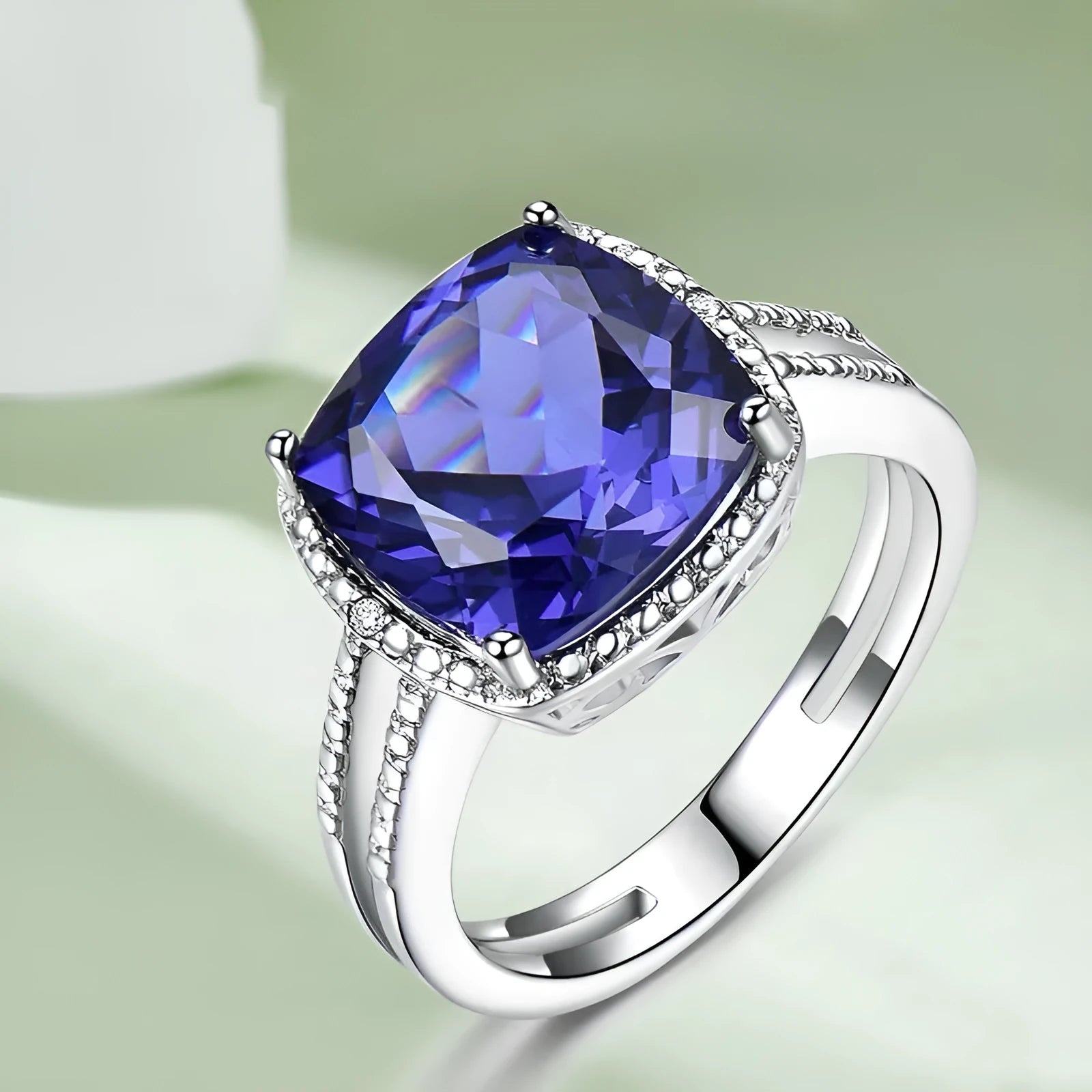 Close-up of a women's sterling silver ring with a genuine blue tanzanite stone.