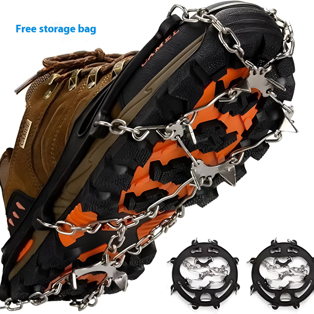 Stainless steel chain crampons for snow climbing and hiking, free size non-slip shoe cover with 8 or 10 steel teeth