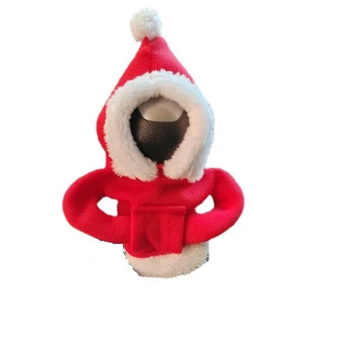 Red cloth hooded sweater cover on a car gear lever, showing decorative fur ball style.