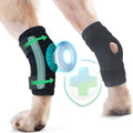 Black dog rear leg auxiliary strap made of neoprene with Velcro fastening shown on a flat surface