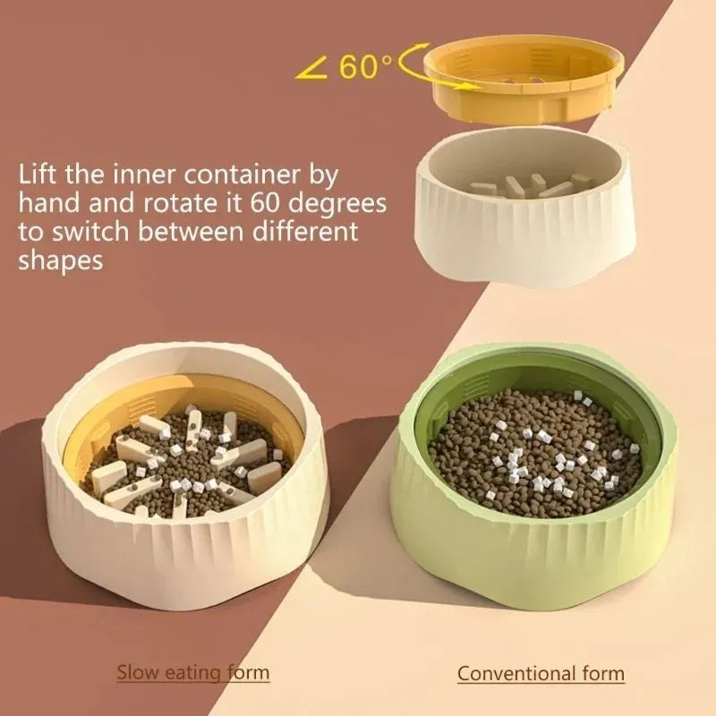 Blue plastic slow feeder dog bowl with detachable maze interior on a wooden floor.
