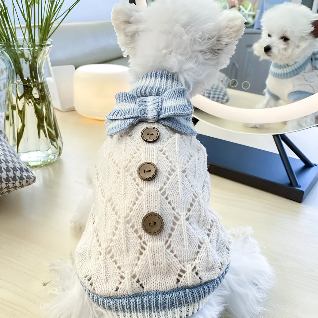 Bowknot hollow knit dog sweater in coffee white colour on a small dog, polyester fabric, lattice pattern