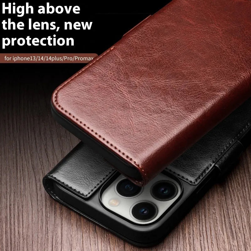 Magnetic flip genuine leather phone cover for iPhone 13 and 14 models in black, brown, coffee or light brown.