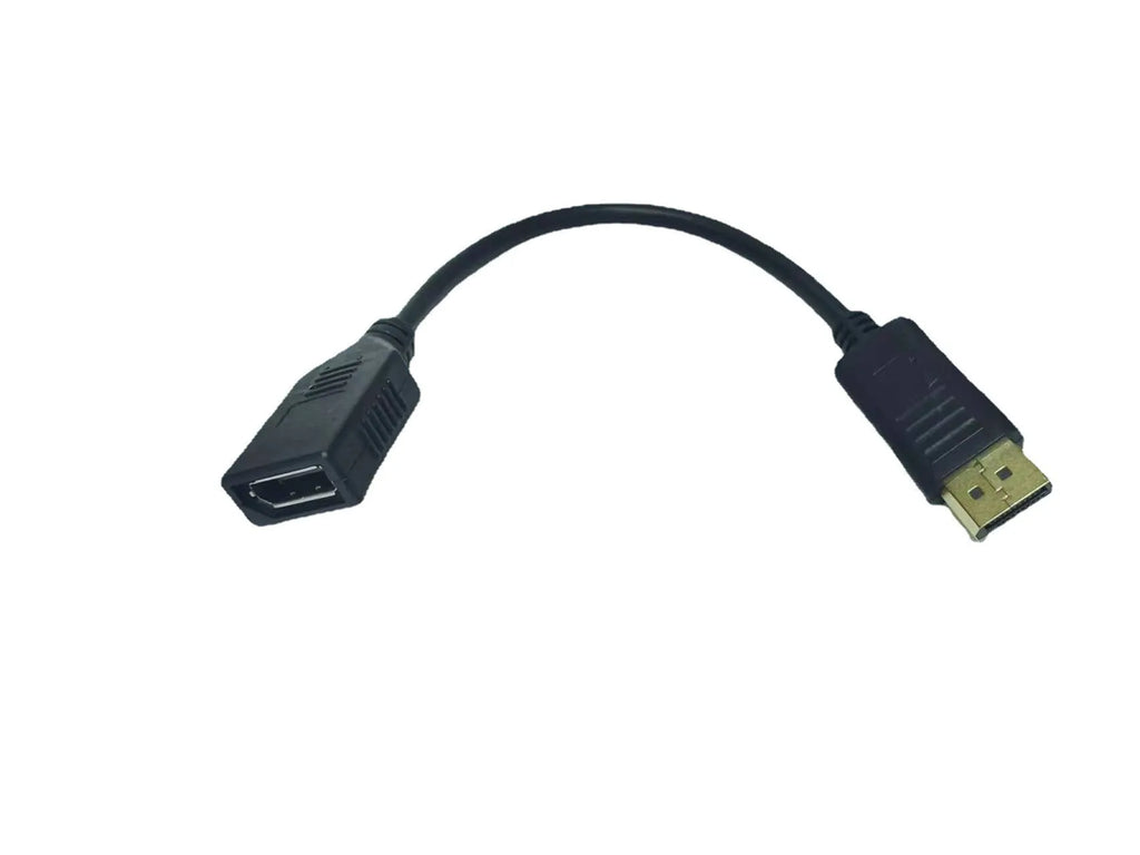 Black Display Port DP male to female extension cable with rotating connector, approximately 10cm long
