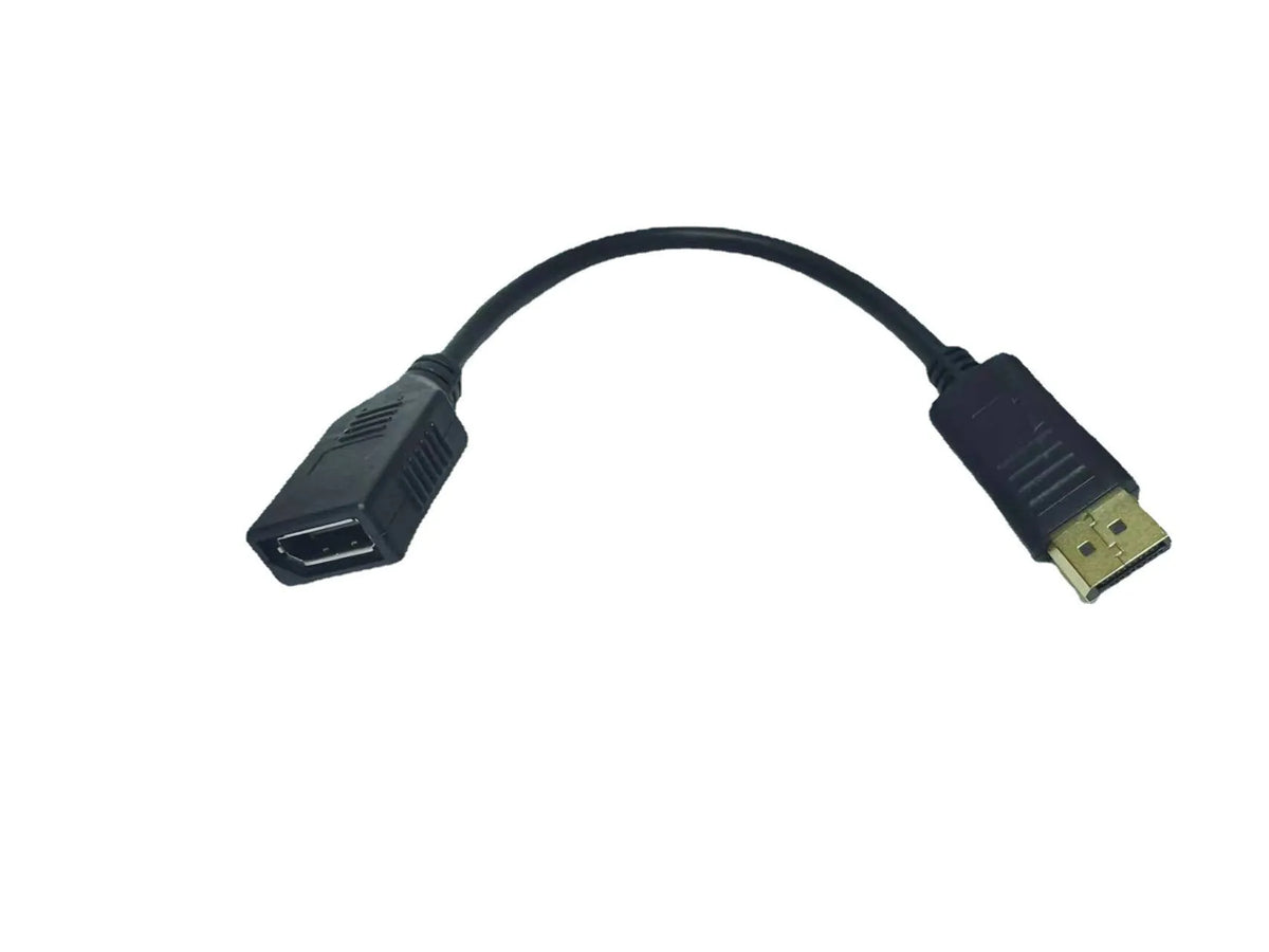 Black Display Port DP male to female extension cable with rotating connector, approximately 10cm long
