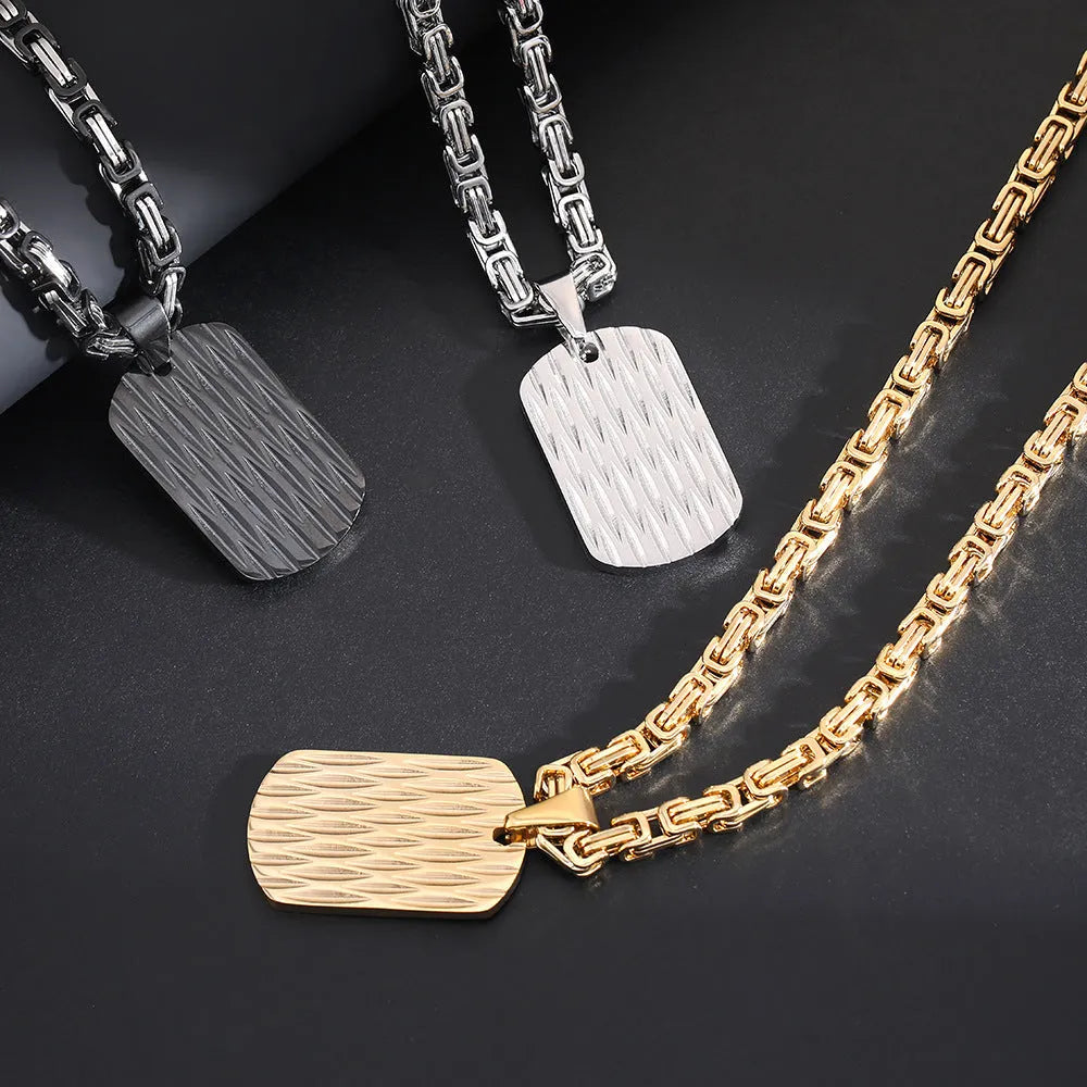 Titanium steel men's necklace with water ripple pendant on Emperor Chain in gold, silver, or black finish