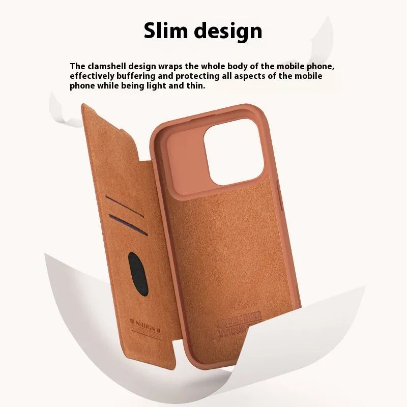 PRO imitation leather flip phone case for iPhone 15 models in black, brown, or red.